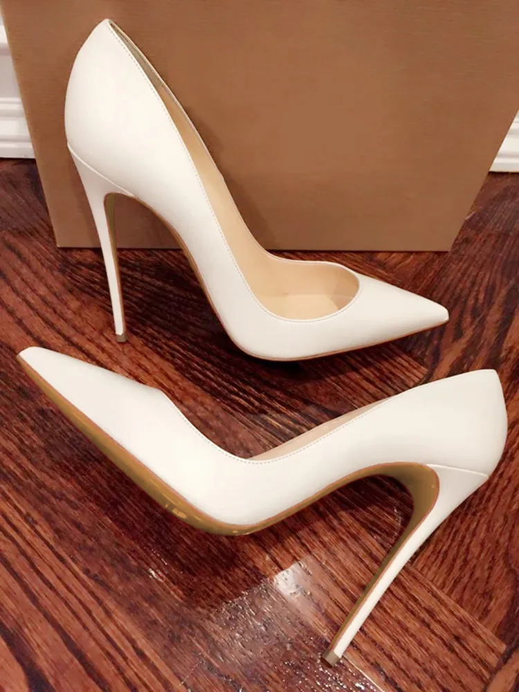 White Matte Leather Pumps Solid Outfit Slip-On Shallow Opening Party Dress Heels Lady 12/10/8 cm High Heels Single Shoes