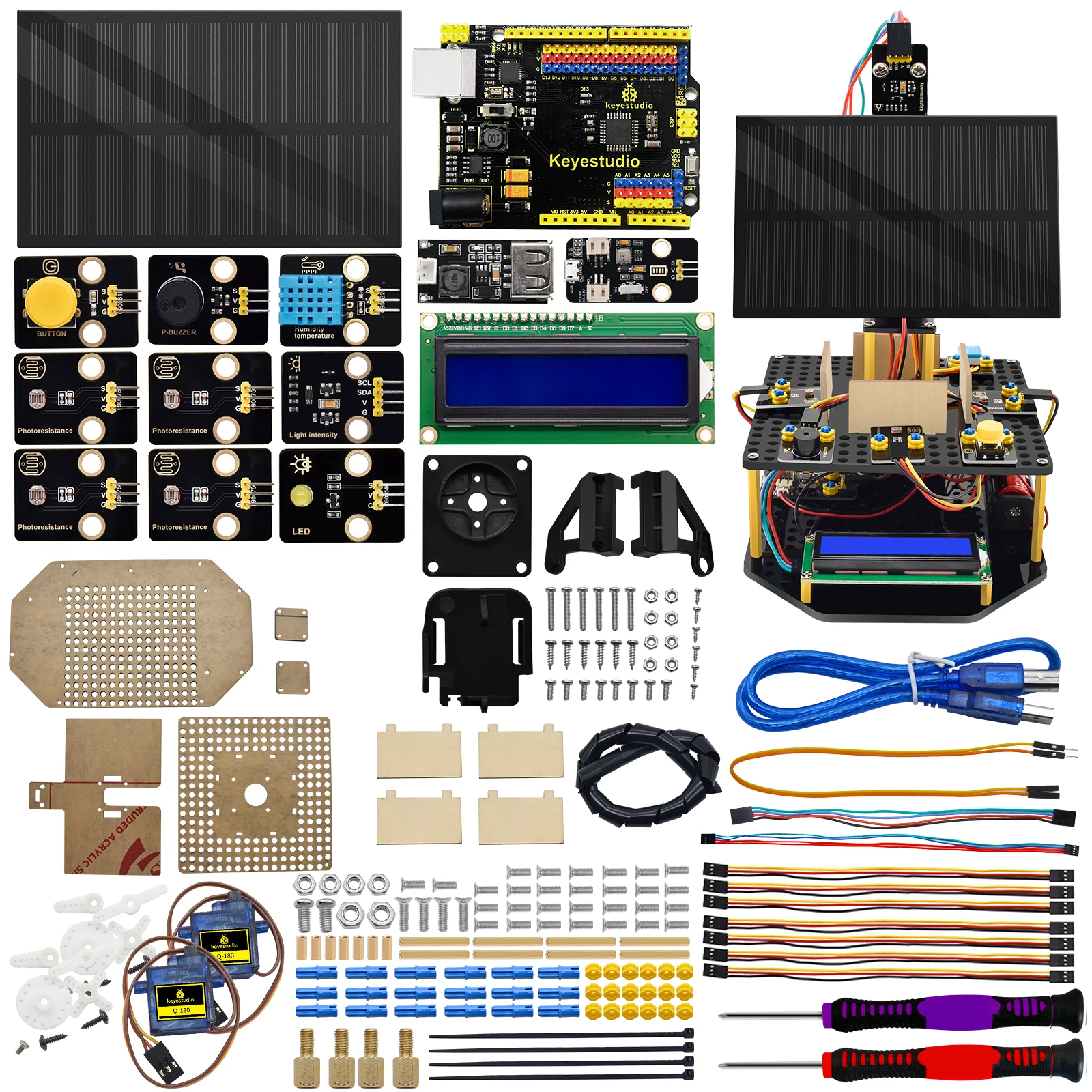 Keyestudio Solar Panel Tracking Kit Tracker System Electronic Kit For Arduino UNO Kit Kids Programming Toys W/1602 LCD Display