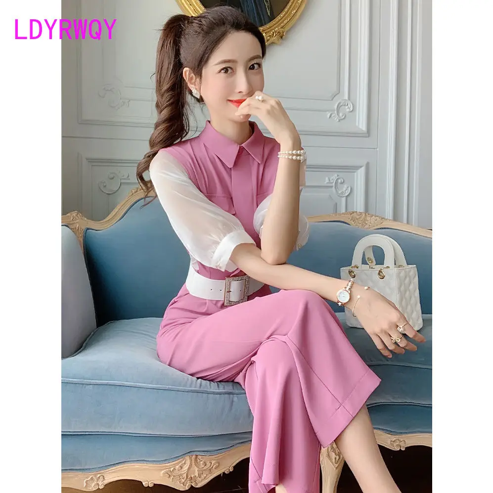 LDYRWQY Pink jumpsuit women\'s summer long small incense wind jumpsuit waist waist temperament goddess wide-leg pants