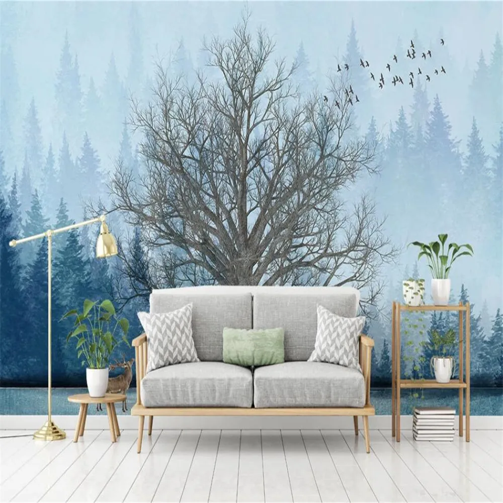 Milofi custom 3D wallpaper mural Nordic abstract hand painted forest tree elk living room background wall decoration painting