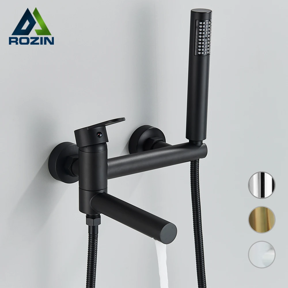 Rozin Black Bathtub Faucet with Swivel Tub Spout Brass Wall Mounted Bathroom Shower Mixer Tap Gold Full Shower Set for Toilet