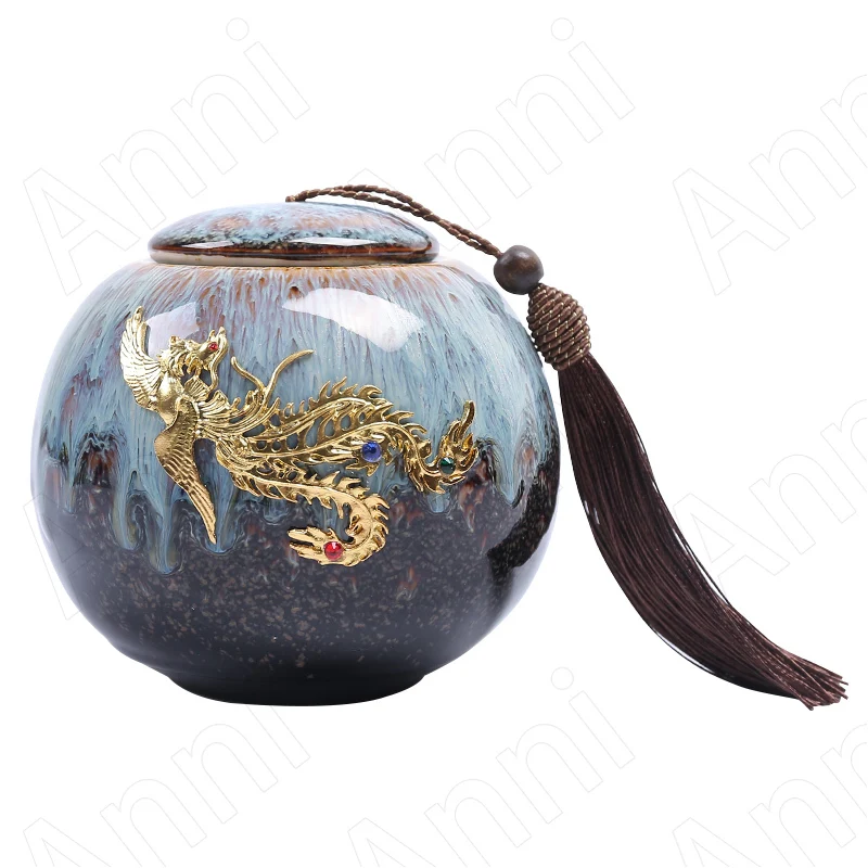 

Tianmu Glaze Inlaid Gilt Silver Tea Container Chinese Vintage Kiln Change Dragon Phoenix Relief Sealed Tea Storage Jars with Lid