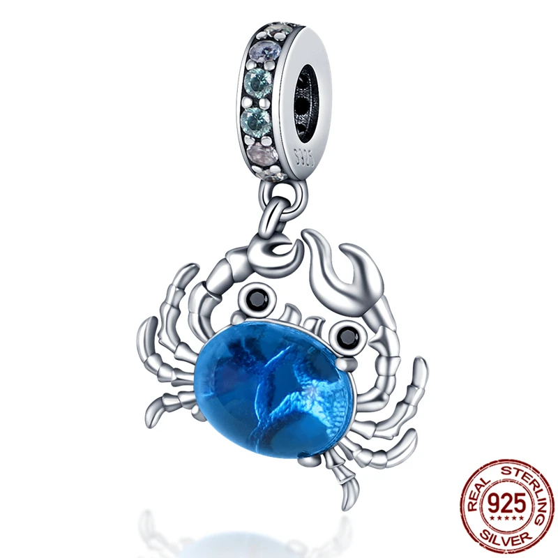 New Genuine 925 Sterling Silver Crab With Blue Zircon Fit Original Pan Bracelet&Bangle Making Fashion DIY Jewelry For Women