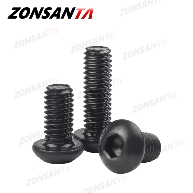 ZONSANTA-tornillos negros redondos de acero al carbono, cabeza de botón hexagonal, tornillo mecánico Allen TV, M2, 5, M3, M4, M5, M6, grado 10,9