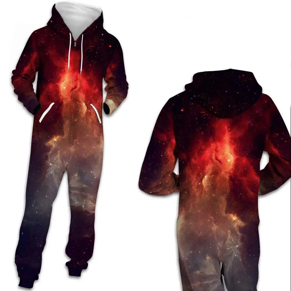 Women's Galaxry Onesie Jumpsuit Unisex 3D Digital Printing Stylish Loose Zipper Casual Hooded Sleepwear Playsuit Outwear Clothes