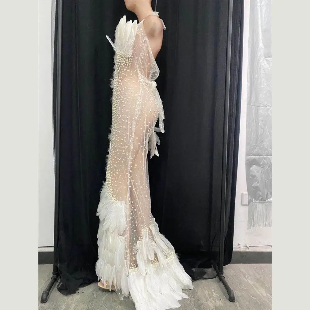 Sexy Outfits Off Shoulder Celebrate Dress Women Stage Wear Feather  Evening Party Dress Sleeveless Maxi Dress