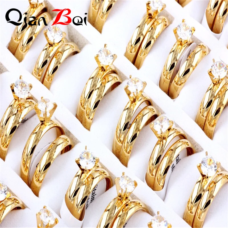 QianBei Wholesale 4sets Fashion 4MM Charm Jewelry Gifts Ring Men Stainless Steel Golden Color  Rings For Women Man