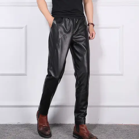 Men's Youth Genuine Sheepskin Leather Pants Motorcycle Style Spring Autumn Personality Male Casual Trousers