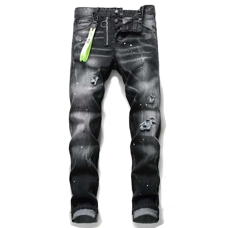 European American Style Blue Men Fashion Brand Jeans Pants Men Slim Jeans Patchwork Letter Moto & Biker Jeans Pants Hole Jeans