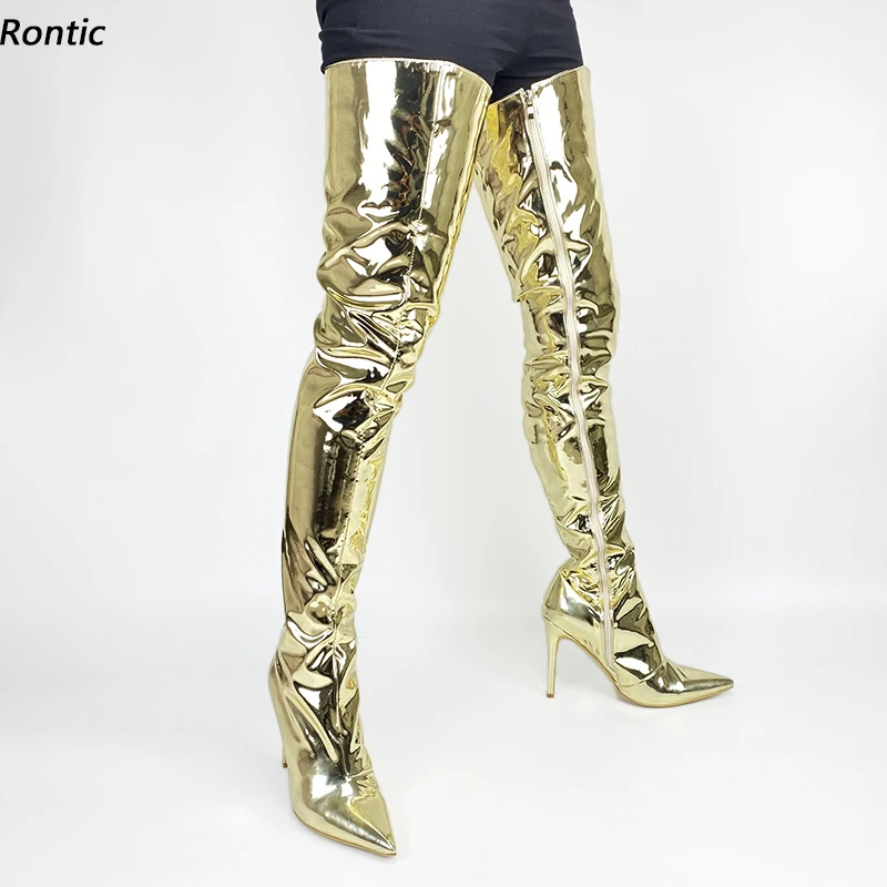 

Rontic 2021 Women Winter Thigh Boots Shiny Side Zipper Stiletto Heels Pointed Toe Light Gold Silver Party Shoes US Size 5-15