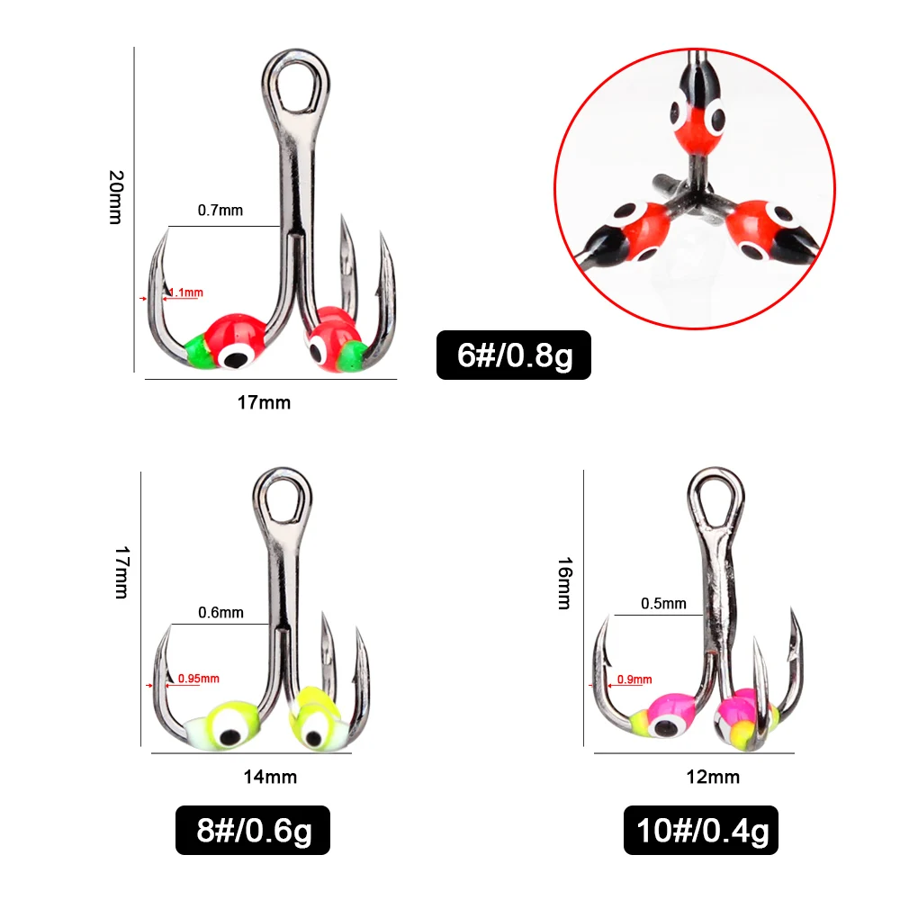 FISH KING-anzuelos de pesca en hielo de 0,4/0,6/0,8g, señuelo duro de acero de alto carbono con púas, anzuelos triples para pesca de carpa y lubina