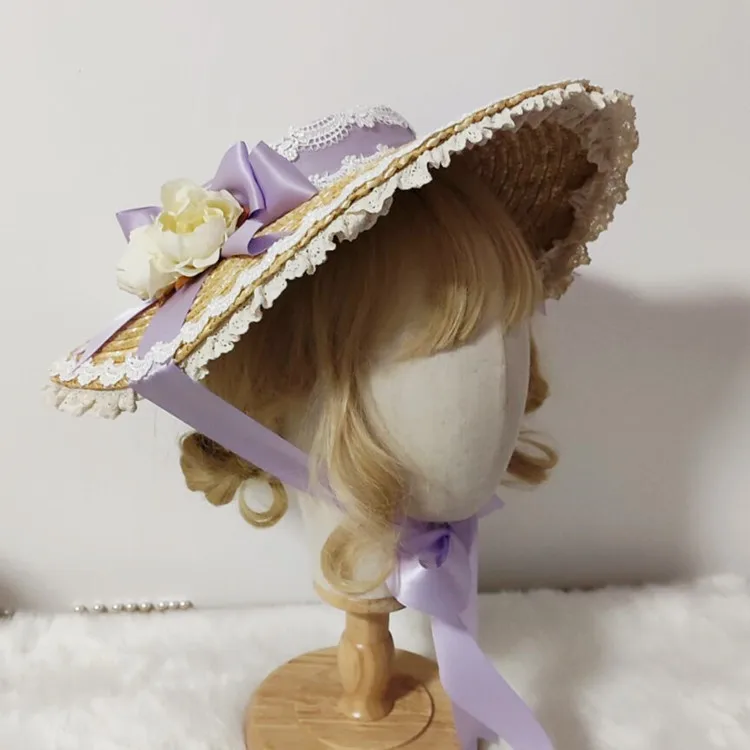 Vintage French Victorian Sweet Elegant Lolita straw Flat Top Hat Sweet Female Straw hat Rose Bow Bandge Sunhat