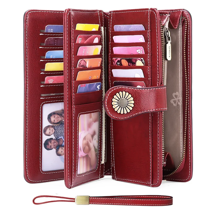 

Genuine Leather Wallets for Women Men Long Zipper Money Clip Multiple Card Slots Photo Holder Retro Coin Purses Hasp Clutch Bag