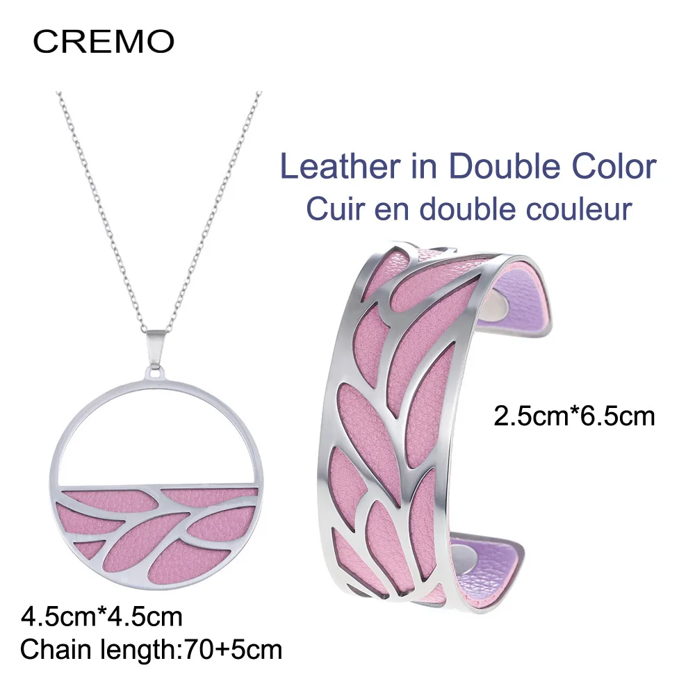 

Cremo Stainless Steel Necklace Bracelets Set Manchette Femme Argent Necklaces Bangle Interchangeable Leather Jewelry