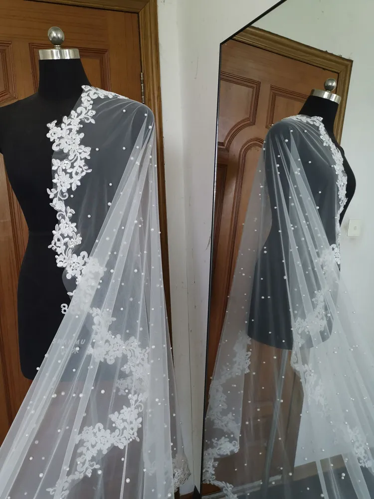 Echte Foto Wit Ivoor Bruiloft Sluier Lange Kanten Sluier Een Laag Kathedraal Royal Pearl Bridal Veils Bruiloft Accessoires