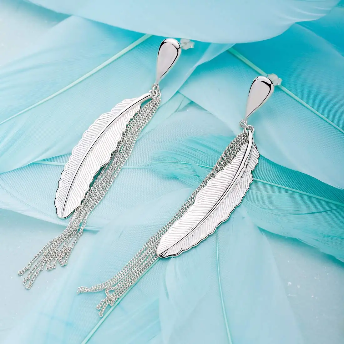 

SA SILVERAGE Real 925 Sterling Silver Drop Earrings Zircon For Women Gold Fine Jewelry Long Feather Tassel 2019 Hot Sale