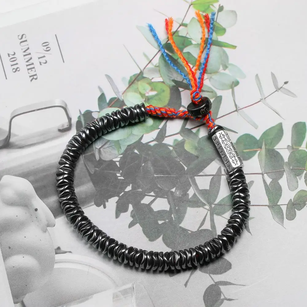 Color Rope Tibetan Buddhist OM Charm Bracelets For Women Black Hematite Health Handmade Lucky Jewelry Men 6MM