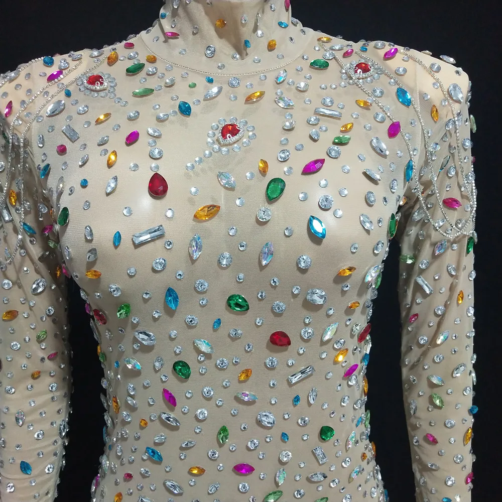 Fashion Sexy See Through Mesh Colorful Rhinestones Dress Women Birthday Evening Party Crystals Long Dresses Singer Stage Costume