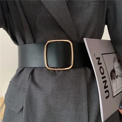 Fashion Women's Black Wide Belt Square Buckle Nonporous PU leather Belts For Woman Decorative Coat Dress Simple Waistband Corset