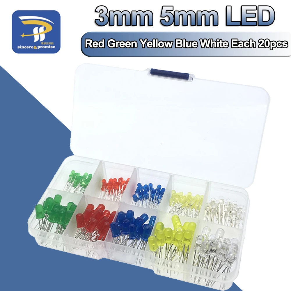 200PCS/Lot 3MM 5MM Led Kit With Box Mixed 5 Color Red Green Yellow Blue White Light Emitting Diode Assortment 20PCS Each