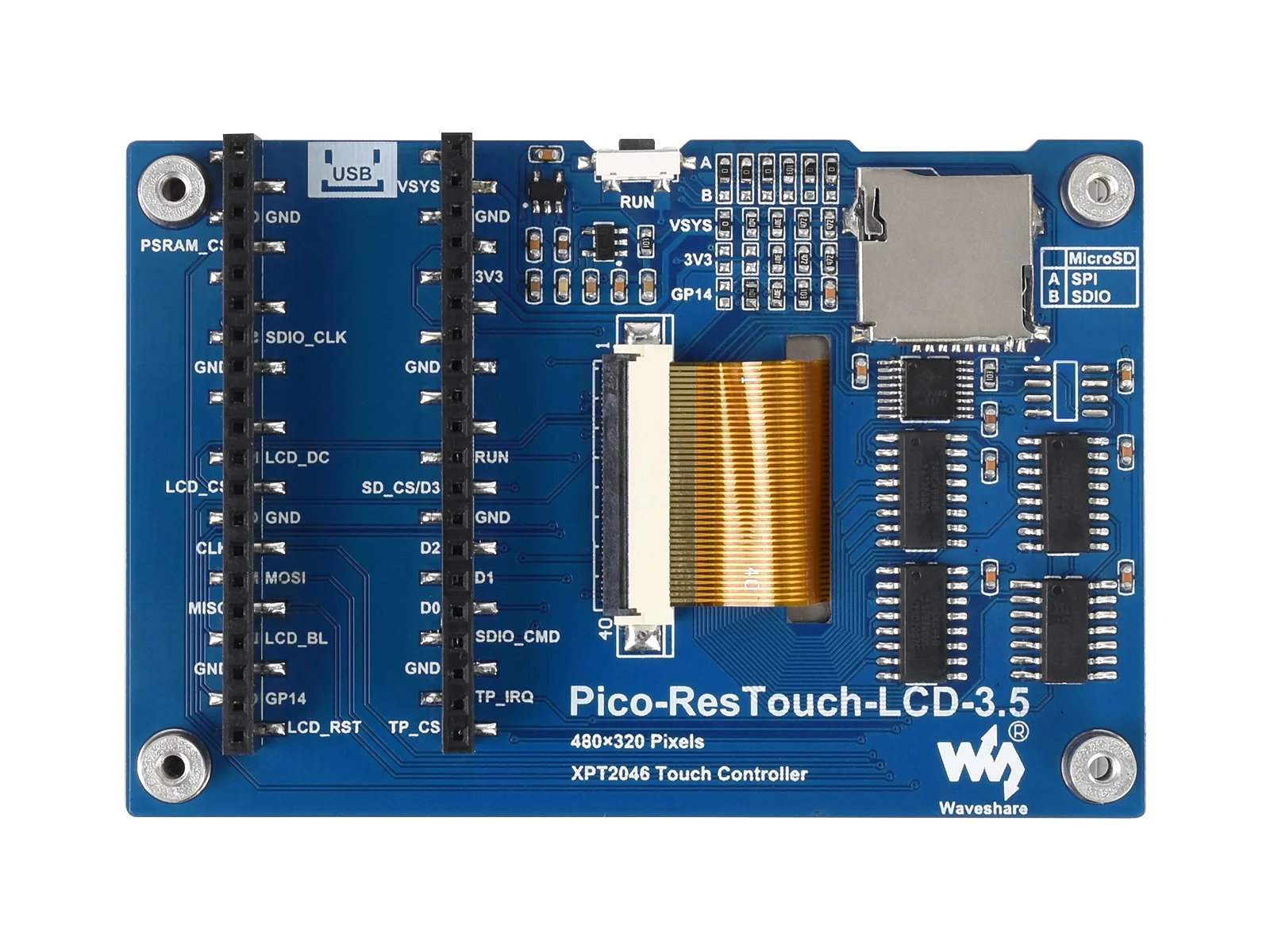 3.5Inch Resistive Touch Screen, Pico Uitbreidingskaart, 65K Kleuren, 480 × 320 Pixels, ILI9488 Driver, Gebruik Spi Bus