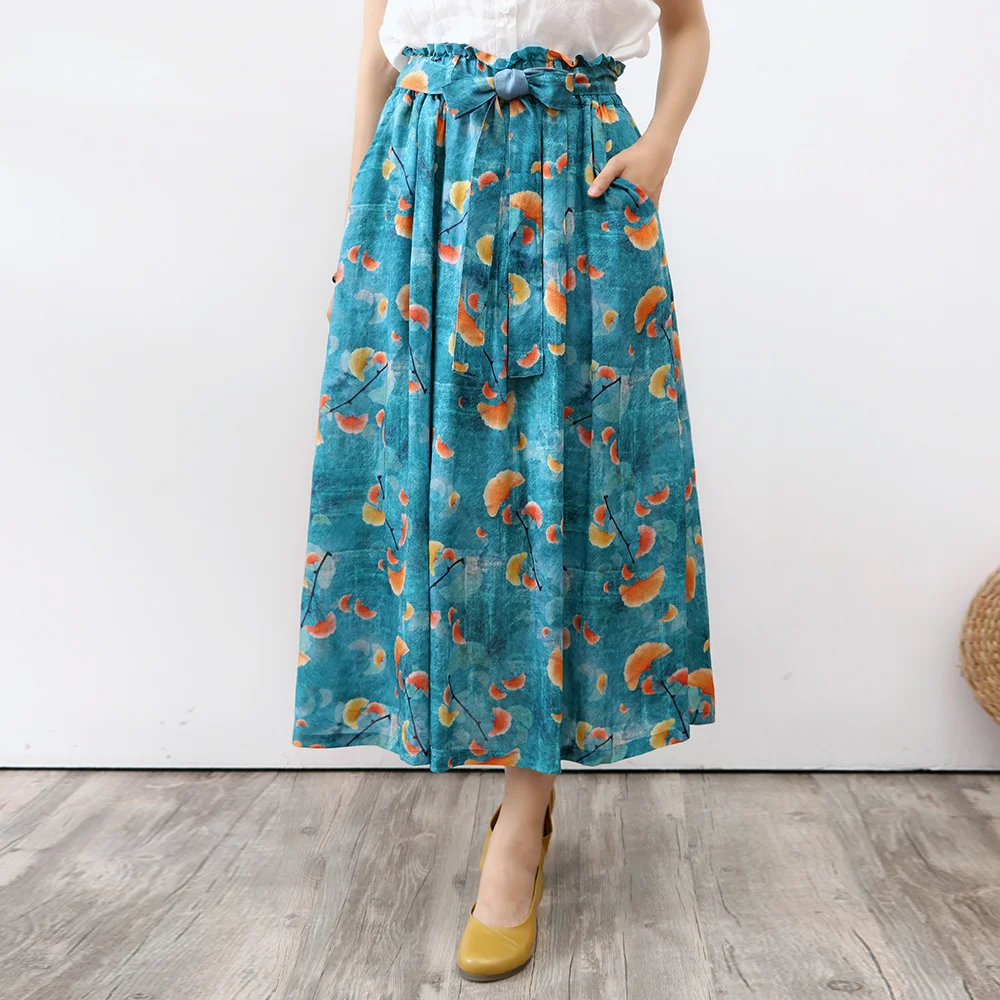 

Summer New Ramie Vintage All-Match women's medium length Ginkgo leaves printed slim A-line high waist long skirt travel Pleated6