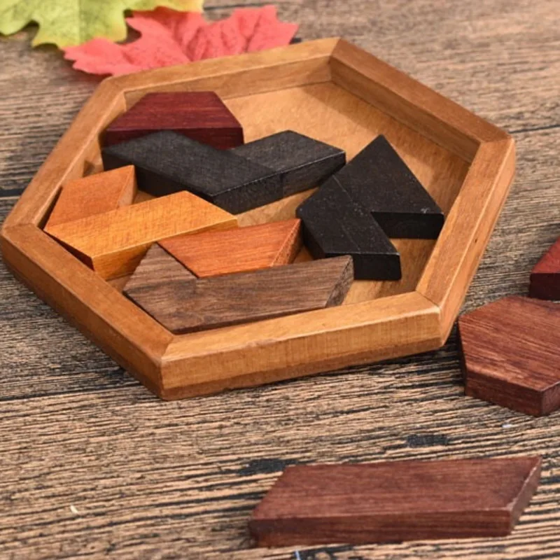 Rompecabezas Hexagonal de madera para niños y adultos, juguetes educativos, tablero Tangram, IQ, Brain Teaser, Montessori