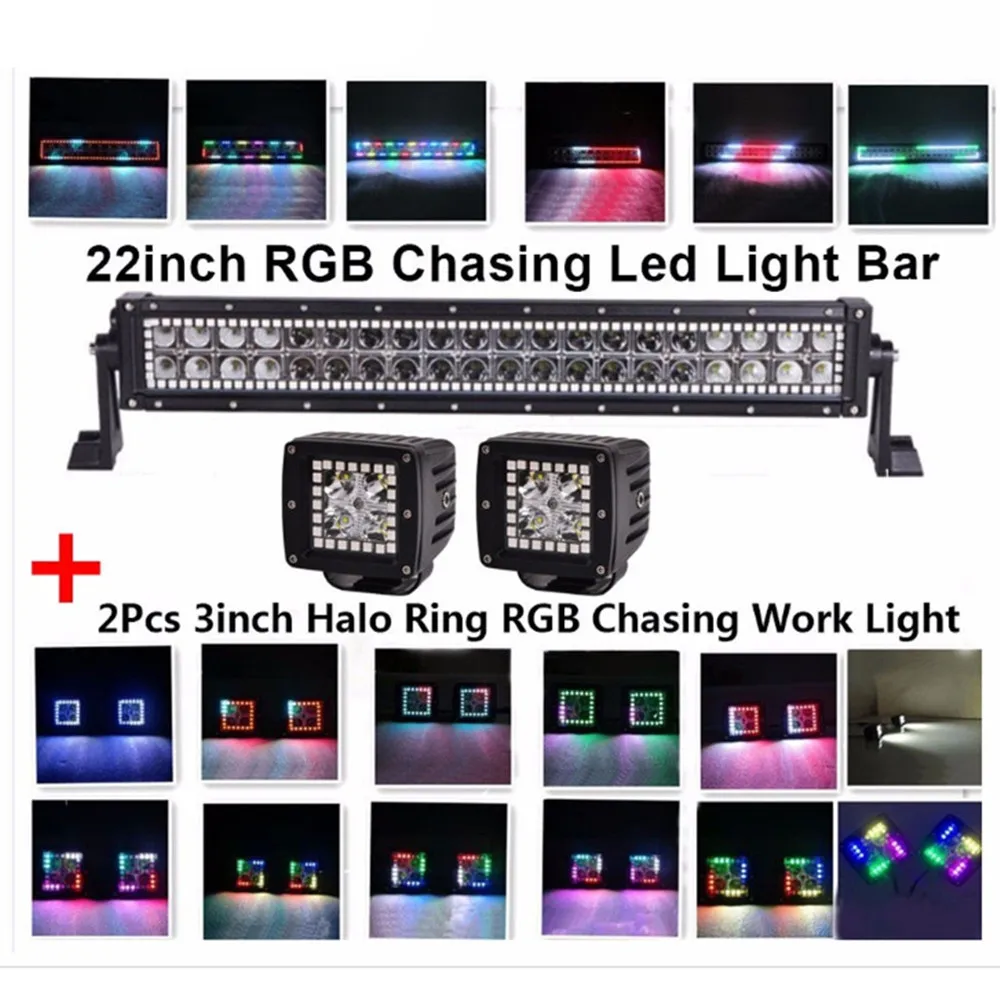 Car 22 inch 120W Chasing RGB Halo LED Light Bar With 3X3 Work Lights 16 Million Colors App Bluetooth Offroad SUV Light Set