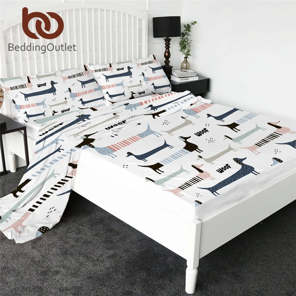 

BeddingOutlet Dachshund Fitted Sheet Queen Cute Dog Bed Sheet Set Cartoon Flat Sheet Animals Bedding 4-Piece Mattress Cover