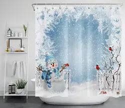 Snowman Merry Christmas Shower Curtain set Bathroom Kids Snowflakes Bird Standing on Snowy Branch Trees for Xmas Winter Scenery