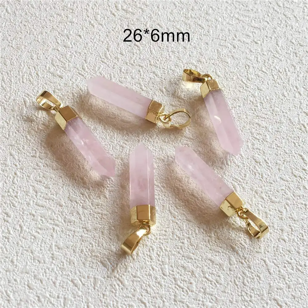 FUWO Wholesale Rose Quartzs Point Pendant Golden Plated Spike Shape Raw Crystal Accessories For Jewelry Making 5Pcs/Lot PD119