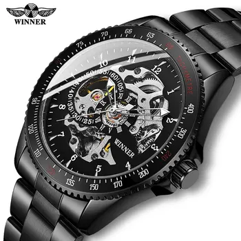 Drop shipping men&#x27;s automatic mechanical watch winner men&#x27;s black stainless steel watches fashion skeleton Steampunk men&#x27;s watches