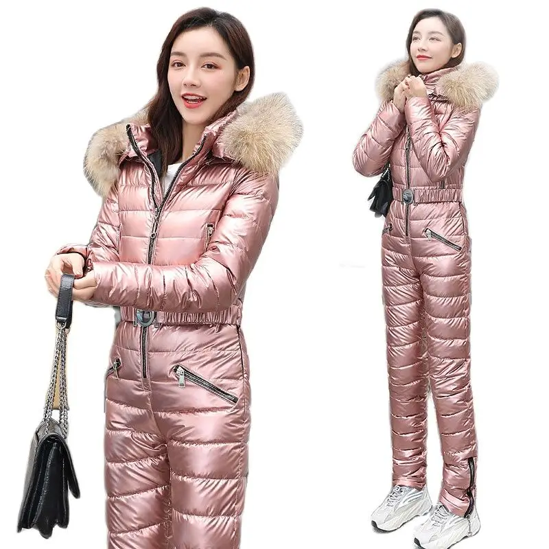 

Winter One Piece Ski Suit Women Jackets Jumpsuit Women Hooded Parka Cotton Bodysuit Sashes Jumpsuits Zipper Overalls Tracksuits