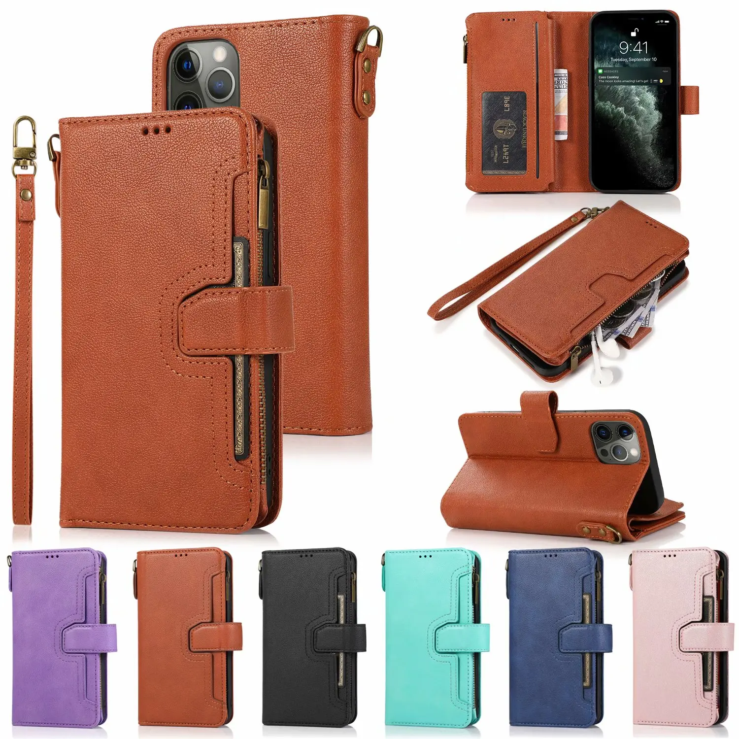 10pcs Zipper Multifunctional Cards Holder Magnetic Wallet Leather Cover Case For Iphone 15 14 13 12 Mini 11 Pro Xs Max Xr 8 Plus