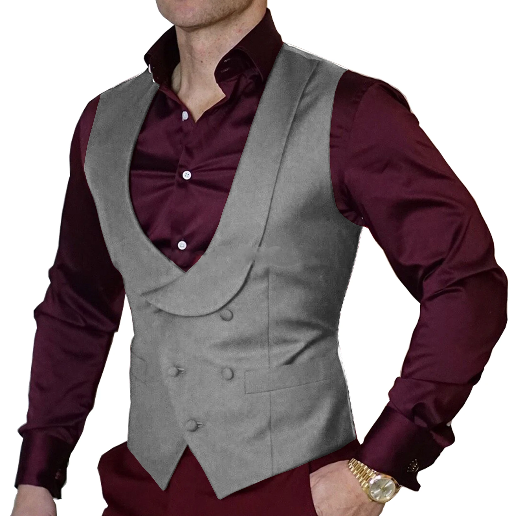 Double-Breasted Burgundy Waistcoat Wedding Men\'s Suit Vest Shawl Lapel Slim Waistcoat Steampunk