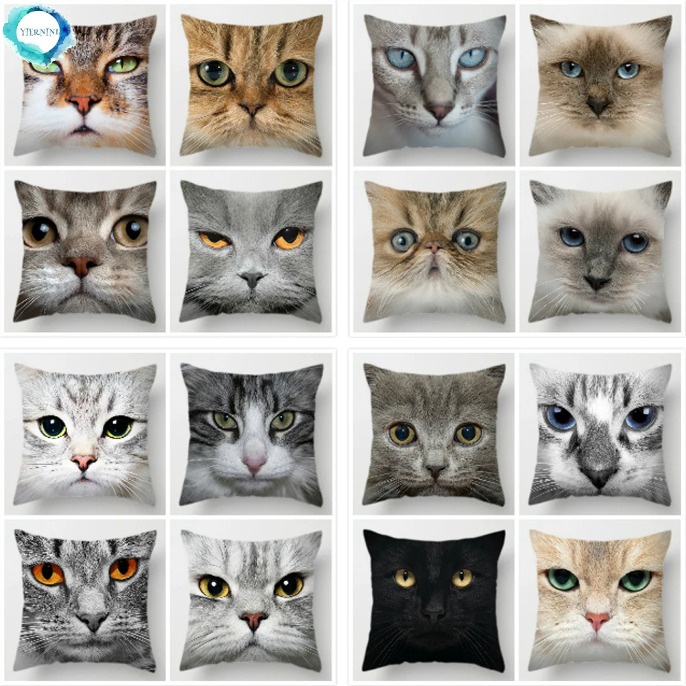 Cat Face Printed Decorative Cushion Cover Animal Pet Sofa Home Couch Throw Pillow Cover Pillow Case Room Decoration 45X45CM
