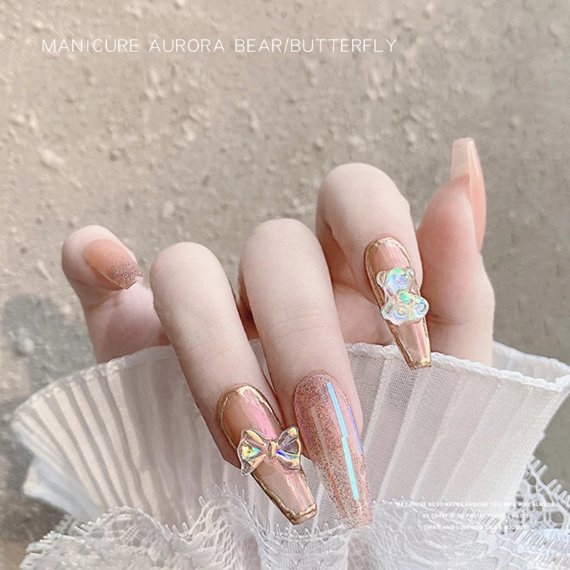 50pcs Aurora White Resin Bow Mixed Shape Nail Art Accessories Flat Back Transparent Colorful 3D Fingernail DIY Decoration