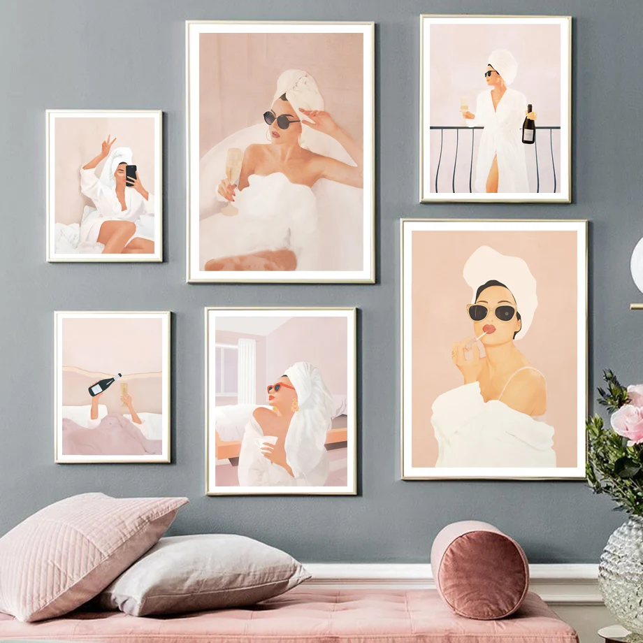 Woman Weekend Morning Wall Art Prints Canvas Painting Wine Selfie make Up Coffee Nordic Poster Decor Pictures For Living Room