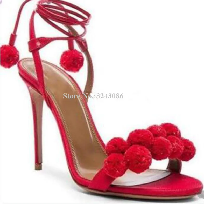 

Red Color Lace-up Ball Decor Sandals Women Sexy Concise Style Real Photos Stiletto Heel Dress Sandals Shoes Lady High Heels