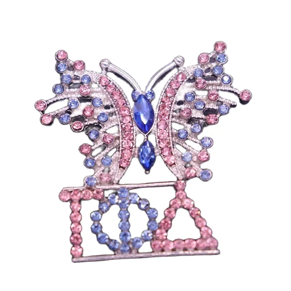Sorority Womenhood Pink Blue Crystal Butterfly Greek Letters Gamma Phi Delta Brooch Pin Organization Jewelry