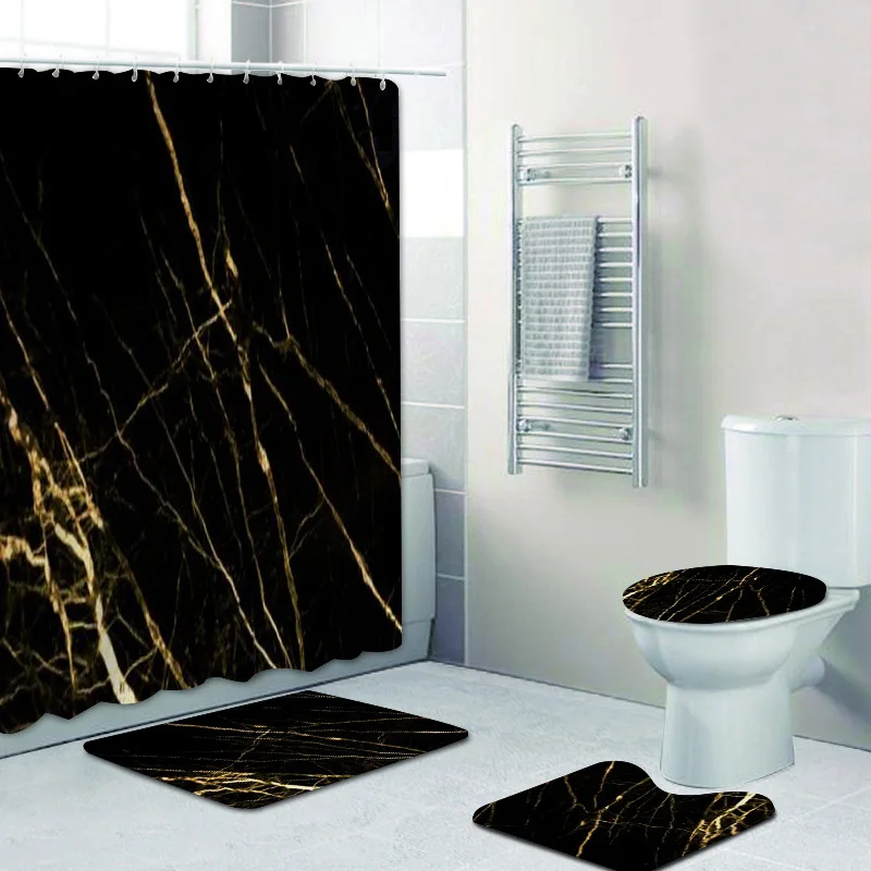 3D Luxury Black Gold Marble Texture Golden Veins Shower Curtain and Bath Rugs Set Modern Abstract Marble Stone Mats Carpet Decor