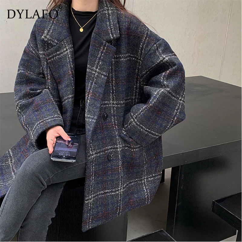 New Grey Plaid Female Suit Jacket Office Ladies Casual Coat Jacket Fall Winter Checked Women Blazer Lapel Neck Regular Suit