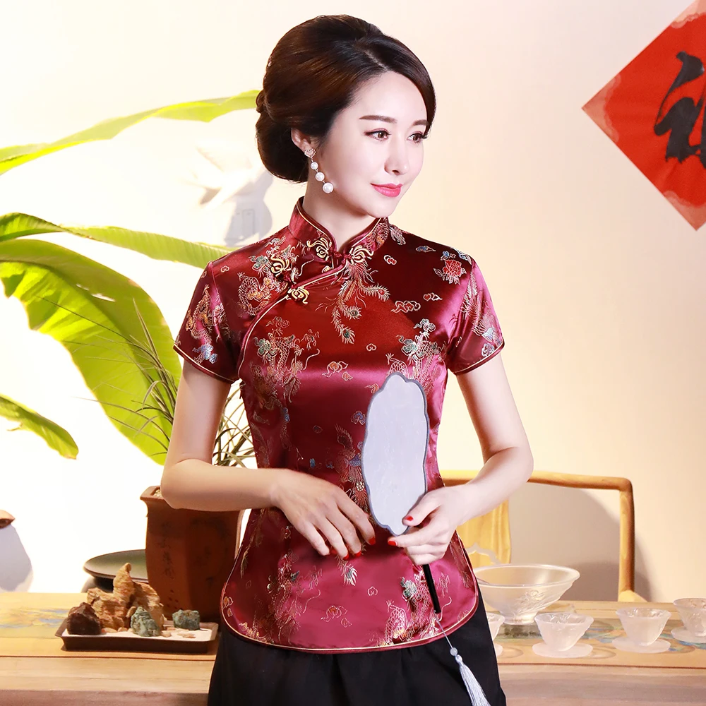 Chinese Style Short Sleeve T-shirt Traditional Chinese Mandarin Collar Women Qipao Tops Vintage Dragon Phoenix Tang Coat 4XL