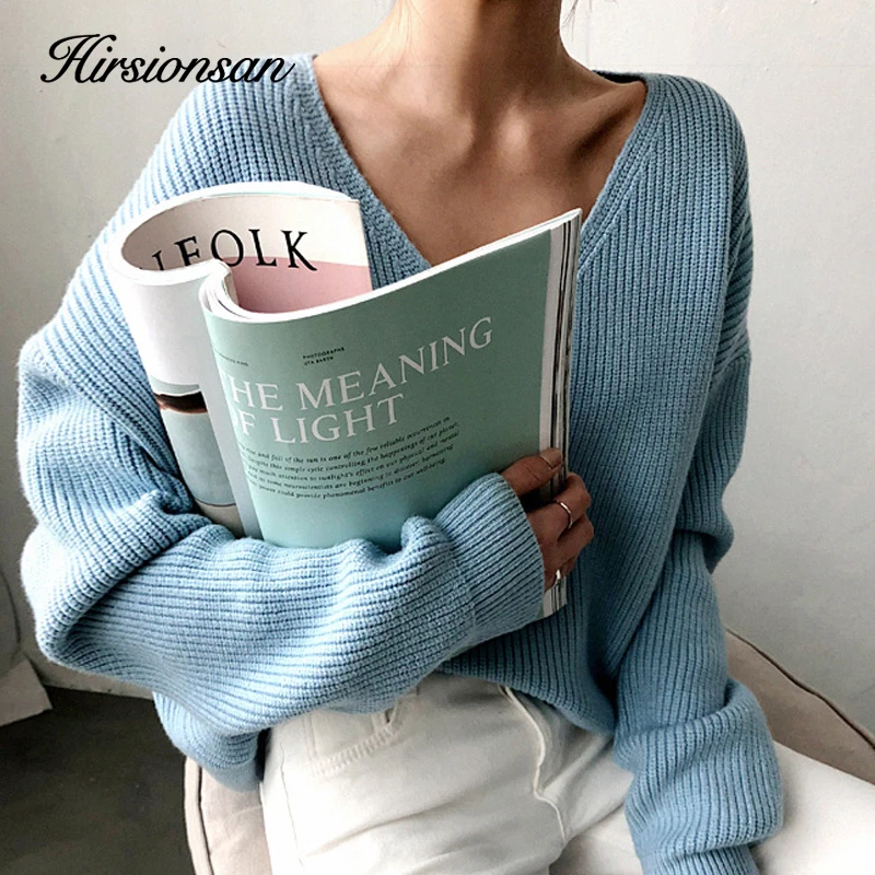 Hirsionsan Thicken Sweater Women 2023 Vintage Minimalist Autumn Winter Sweater Korean Casual Solid Knitted Pullovers V Neck Tops