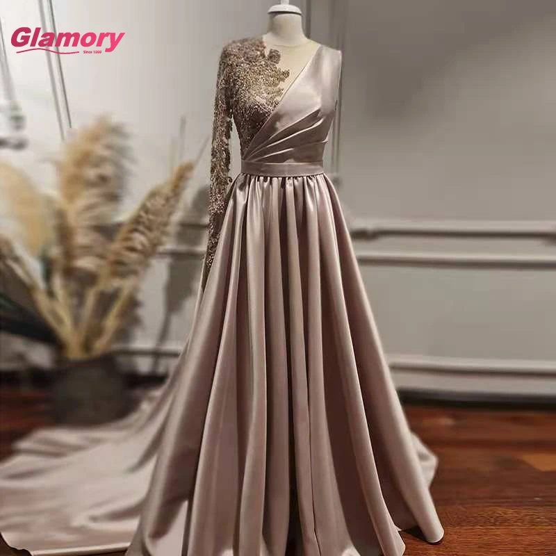 2021 High Neck EINE Linie Satin Muslimischen Abendkleider Frauen Elegante Perlen Formale Partei Lange Kleider