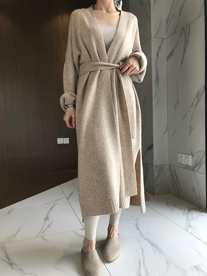 

Oversize Women's Wool Long Sweater Vintage Cardigans Korean Fashion Long Sleeve Knitted With Belt