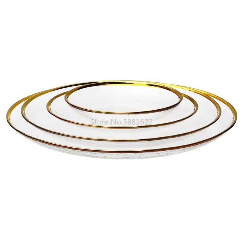 Gold Inlay Edge Glass Food Serving Plate Fruit Dessert Cake Salad Tray Meal Pasta Storage Container Main Dish Western Tableware