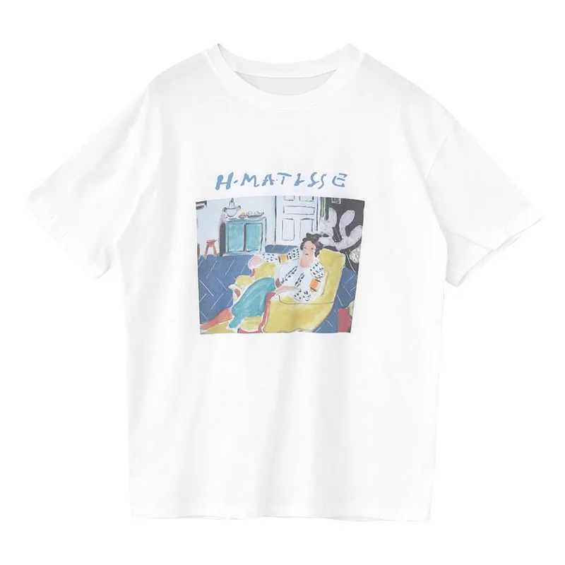 1PCS Matisse women seat in arm loose casual female short sleeve cartoon art print female tops fashion Harajuku new letter T-shir