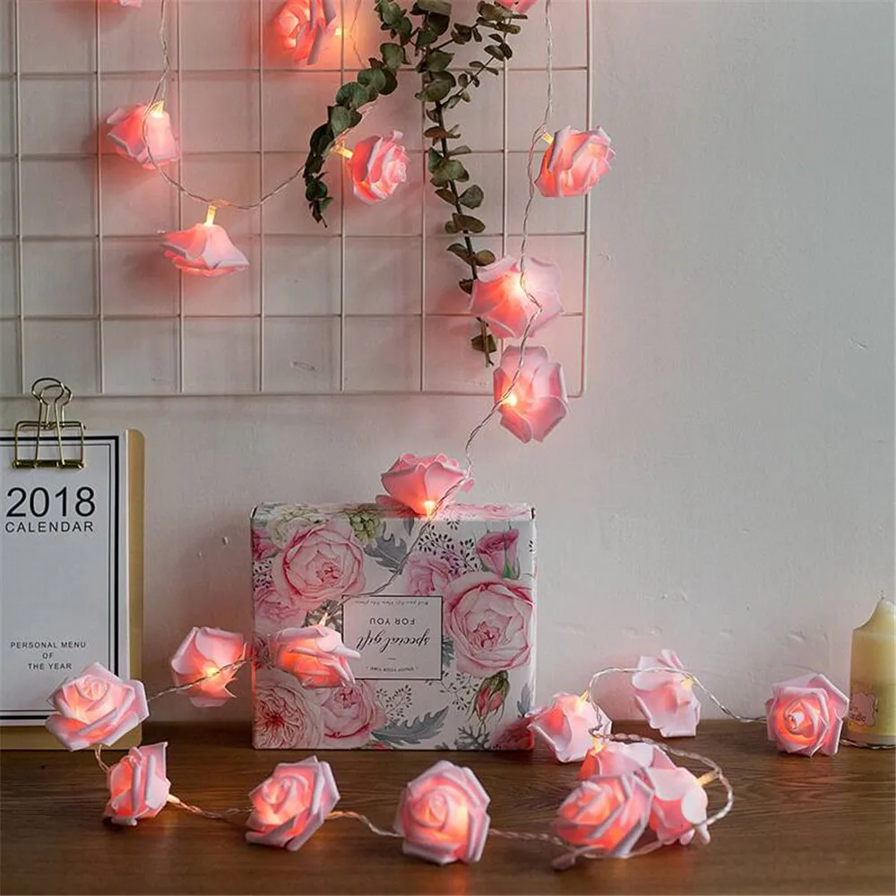 10/20leds Rose Flower String Light Battery Powered Christmas Garland Lamp for Wedding New Year Holiday Party Indoor Garden Decor