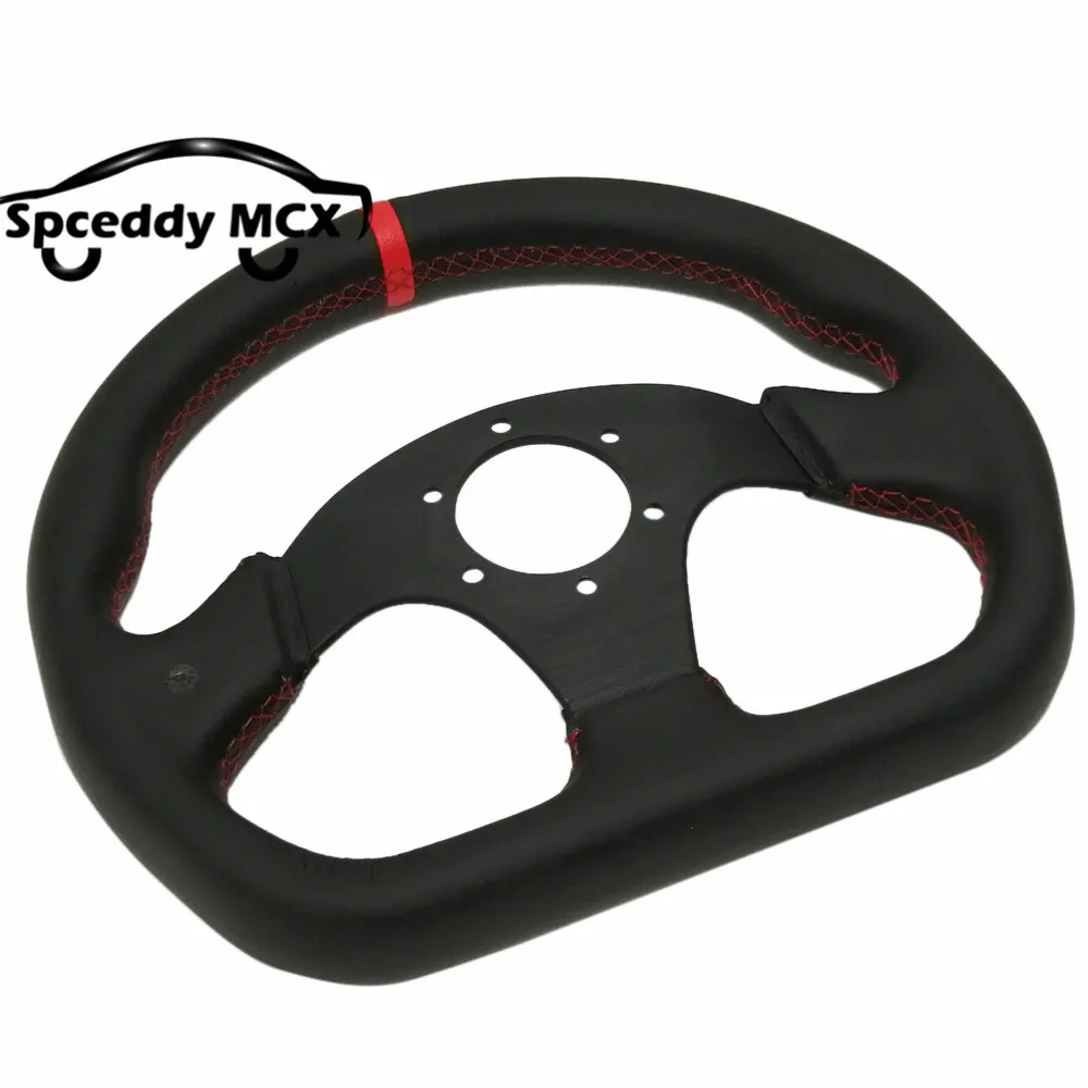 Spceddy 13inch 320mm Car Sports Steering Wheel Really Leather Steering Wheel Hand Sewing Red Line Flat Racing Steering Wheel